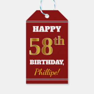Red, Faux Gold 58th Birthday + aangepaste naam Cadeaulabel