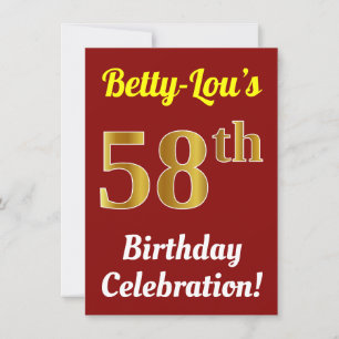 Red, Faux Gold 58th Birthday Celebration + Name Kaart