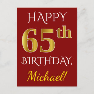 Red, Faux Gold 65th Birthday + aangepaste naam Briefkaart
