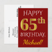 Red, Faux Gold 65th Birthday + aangepaste naam Briefkaart (Voorkant / Achterkant)