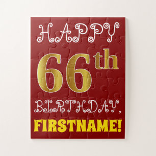 Red, Faux Gold 66th Birthday + Eigen naam Puzzle Legpuzzel