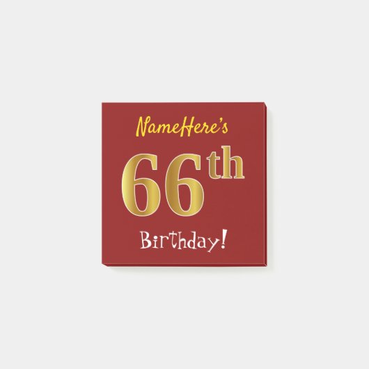 Red, Faux Gold 66th Birthday, met aangepaste naam Post-it® Notes (Voorkant)
