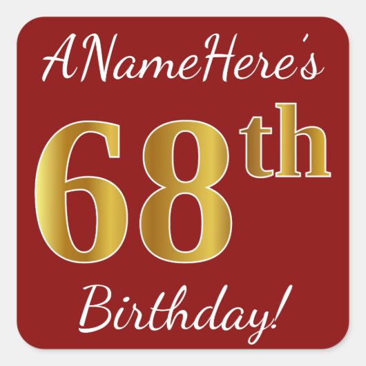 Red, Faux Gold 68th Birthday + Sticker voor aangep (Voorkant)