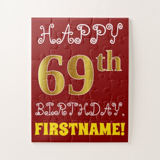 Red, Faux Gold 69th Birthday + Eigen naam Puzzle Legpuzzel (Verticaal)