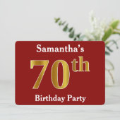 Red, Faux Gold 70th Birthday Party + aangepaste na Kaart (Staand voorkant)