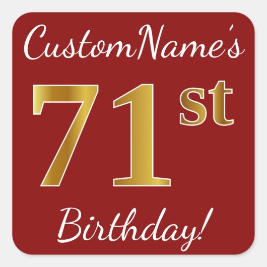 Red, Faux Gold 71st Birthday + Sticker voor aangep (Voorkant)