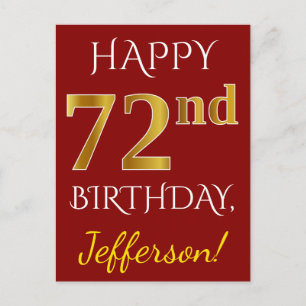 Red, Faux Gold 72e verjaardag + aangepaste naam Briefkaart