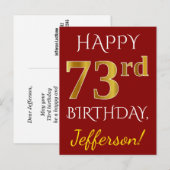 Red, Faux Gold 73rd Birthday + aangepaste naam Briefkaart (Voorkant / Achterkant)