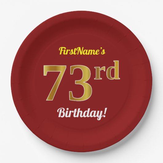 Red, Faux Gold 73rd Birthday + aangepaste naam Papieren Bordje (Voorkant)