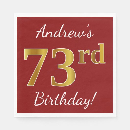 Red, Faux Gold 73rd Birthday + aangepaste naam Servetten (Voorkant)