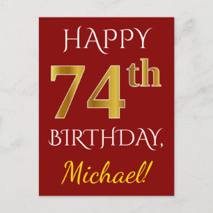 Red, Faux Gold 74th Birthday + aangepaste naam Briefkaart