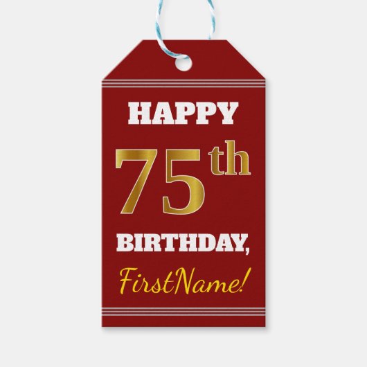 Red, Faux Gold 75th Birthday + aangepaste naam Cadeaulabel (Voorkant)