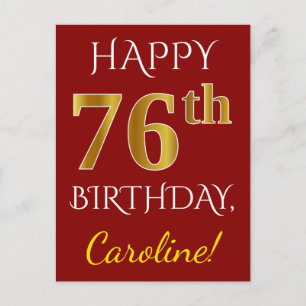 Red, Faux Gold 76th Birthday + aangepaste naam Briefkaart