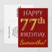 Red, Faux Gold 77th Birthday + aangepaste naam Briefkaart (Voorkant / Achterkant)