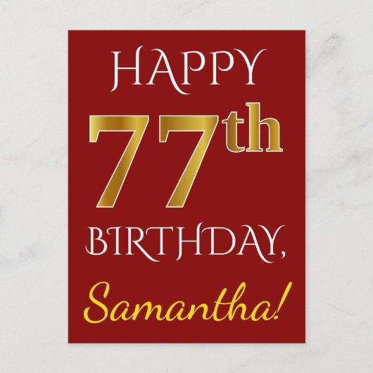 Red, Faux Gold 77th Birthday + aangepaste naam Briefkaart (Voorkant)