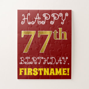 Red, Faux Gold 77th Birthday + Custom Name Puzzle