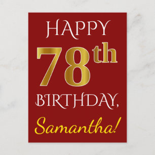 Red, Faux Gold 78th Birthday + aangepaste naam Briefkaart
