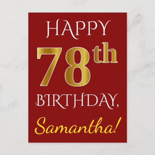 Red, Faux Gold 78th Birthday + aangepaste naam Briefkaart (Voorkant)