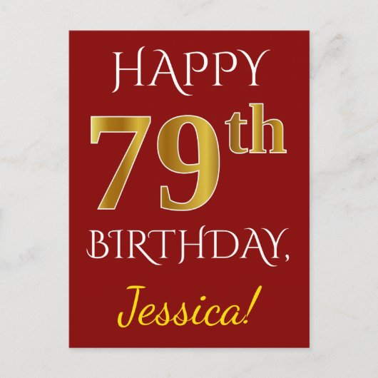 Red, Faux Gold 79th Birthday + aangepaste naam Briefkaart (Voorkant)