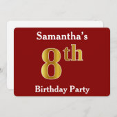 Red, Faux Gold 8th Birthday Party + aangepaste naa Kaart (Voorkant / Achterkant)