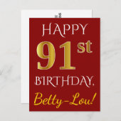 Red, Faux Gold 91st Birthday + aangepaste naam Briefkaart (Voorkant / Achterkant)