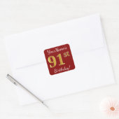 Red, Faux Gold 91st Birthday + aangepaste naam sti Vierkante Sticker (Envelop)