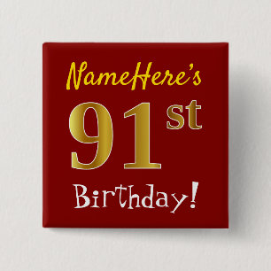 Red, Faux Gold 91st verjaardag, met aangepaste naa Vierkante Button 5,1 Cm