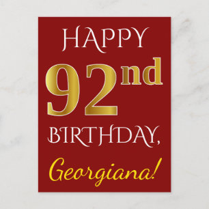 Red, Faux Gold 92e verjaardag + aangepaste naam Briefkaart