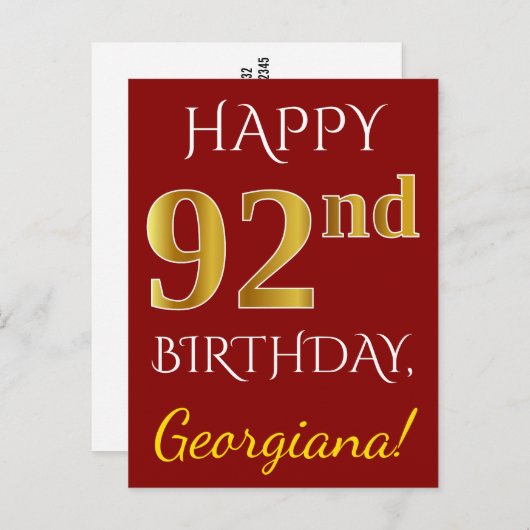 Red, Faux Gold 92e verjaardag + aangepaste naam Briefkaart (Voorkant / Achterkant)