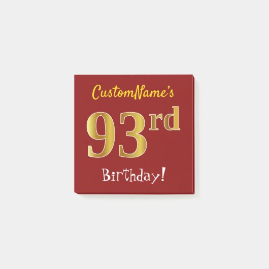 Red, Faux Gold 93rd Birthday, met aangepaste naam Post-it® Notes (Voorkant)