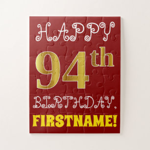 Red, Faux Gold 94th Birthday + Eigen naam Puzzle Legpuzzel