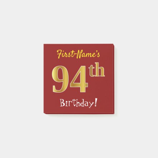 Red, Faux Gold 94th Birthday, met aangepaste naam Post-it® Notes (Voorkant)