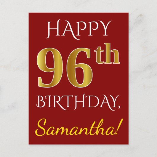 Red, Faux Gold 96th Birthday + aangepaste naam Briefkaart (Voorkant)