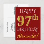 Red, Faux Gold 97th Birthday + aangepaste naam Briefkaart (Voorkant / Achterkant)