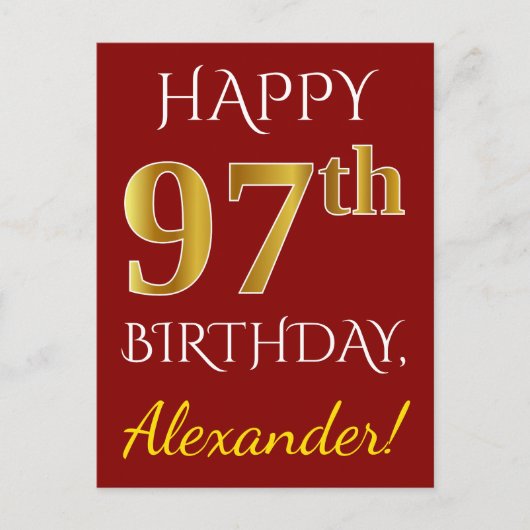 Red, Faux Gold 97th Birthday + aangepaste naam Briefkaart (Voorkant)