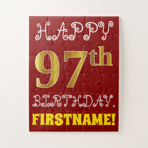 Red, Faux Gold 97th Birthday + Custom Name Puzzle