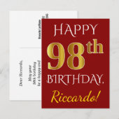 Red, Faux Gold 98th Birthday + aangepaste naam Briefkaart (Voorkant / Achterkant)