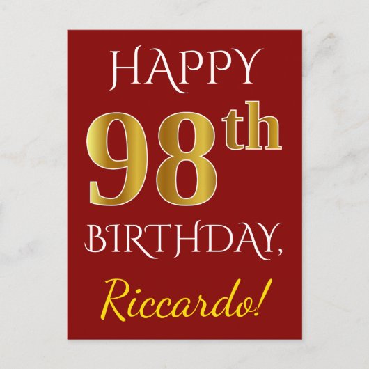 Red, Faux Gold 98th Birthday + aangepaste naam Briefkaart (Voorkant)