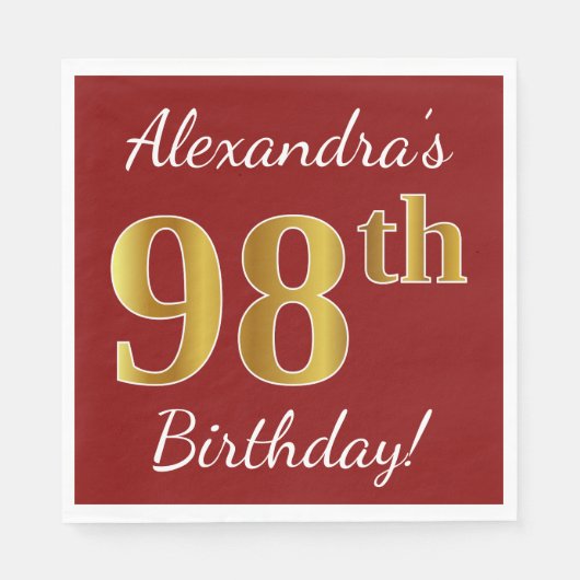 Red, Faux Gold 98th Birthday + aangepaste naam Servetten (Voorkant)