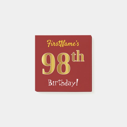 Red, Faux Gold 98th Birthday, met aangepaste naam Post-it® Notes (Voorkant)