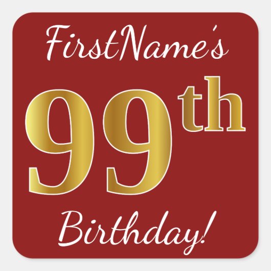 Red, Faux Gold 99th Birthday + Eigen naam Sticker (Voorkant)