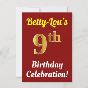 Red, Faux Gold 9th Birthday Celebration + naam Kaart