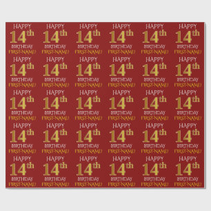Red, Faux Gold "HAPPY 14th BIRTHDAY" Cadeaupapier