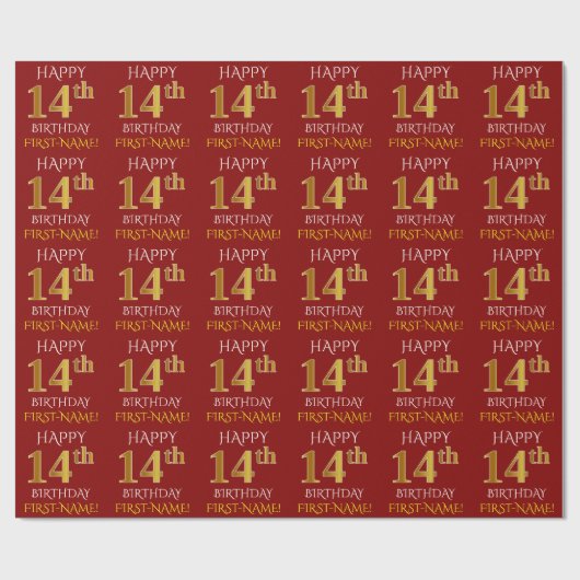 Red, Faux Gold "HAPPY 14th BIRTHDAY" Cadeaupapier (Vlak)