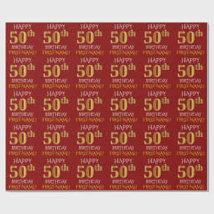 Red, Faux Gold "HAPPY 50th BIRTHDAY" Cadeaupapier