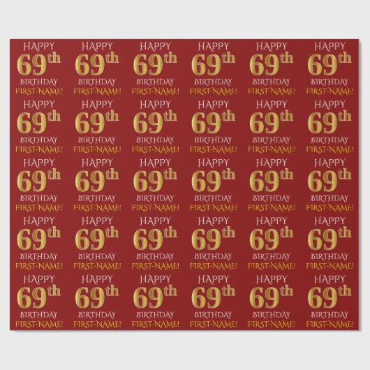 Red, Faux Gold "HAPPY 69th BIRTHDAY" Cadeaupapier (Vlak)
