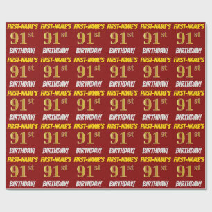 Red, Faux/Imitation Gold, 91st BIRTHDAY Cadeaupapier