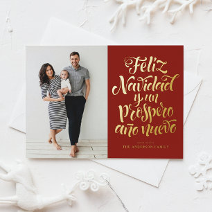 Red Feliz Navidad Script Kerstfoto Folie Feestdagenkaart