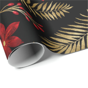 Red Fern Bunch Foil Floral Glitter Gold Black Cadeaupapier