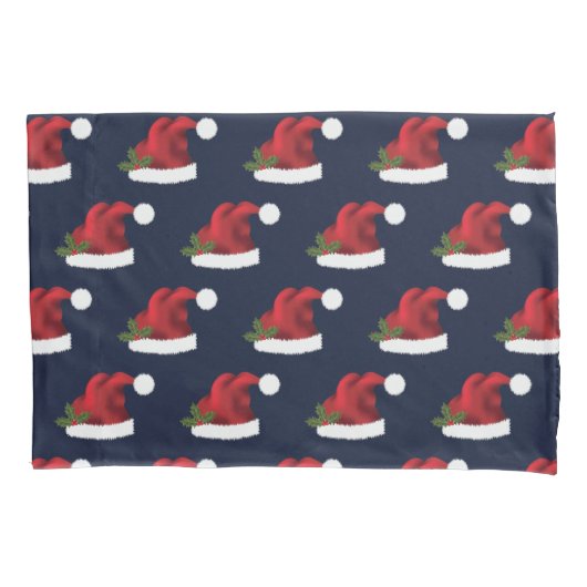 Red Festive Santa Hat op Blue Pattern Kussensloop (Voorkant-Links)